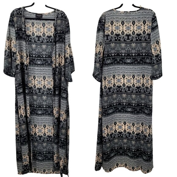 Romeo + Juliet Couture Womens Boho Kimono Duster Sz M Black Paisley Long Slits - Picture 1 of 14